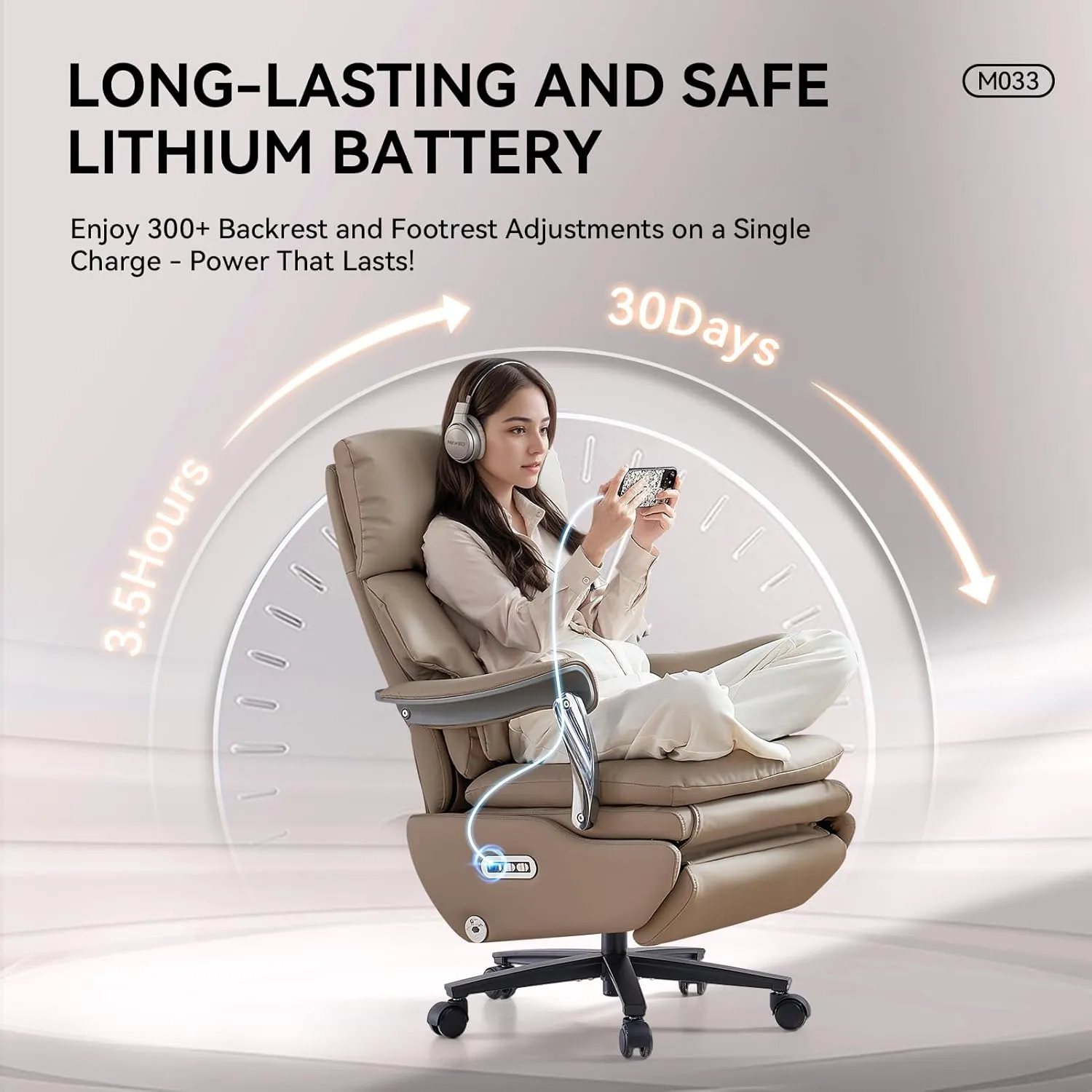 EMIAH Ergonomic Office Chair with Foot Rest Electric Executive Office Chair Reclining with Massage Big and Tall High Back Computer Chair with Wheels, Sustainable Leather (Light Khaki)