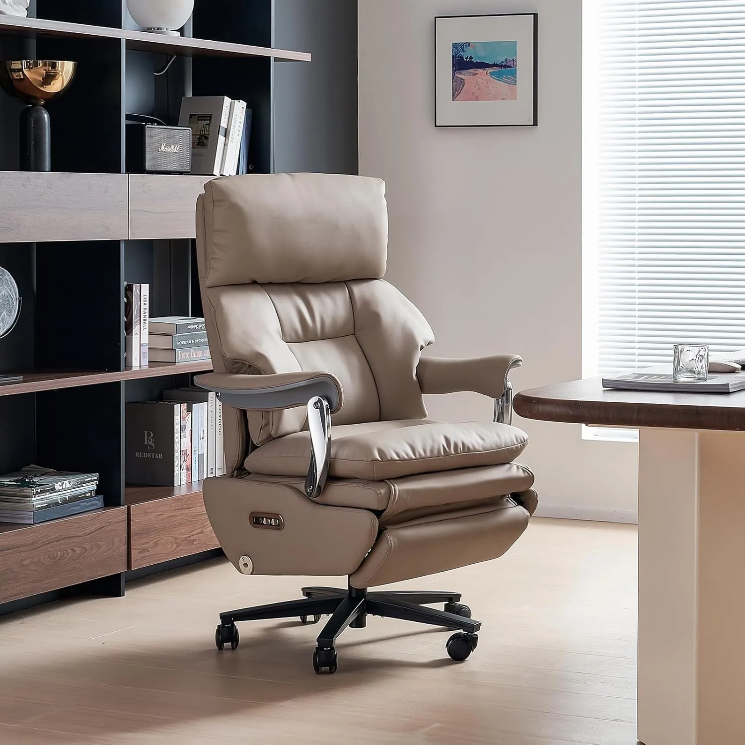 EMIAH Ergonomic Office Chair with Foot Rest Electric Executive Office Chair Reclining with Massage Big and Tall High Back Computer Chair with Wheels, Sustainable Leather (Light Khaki)