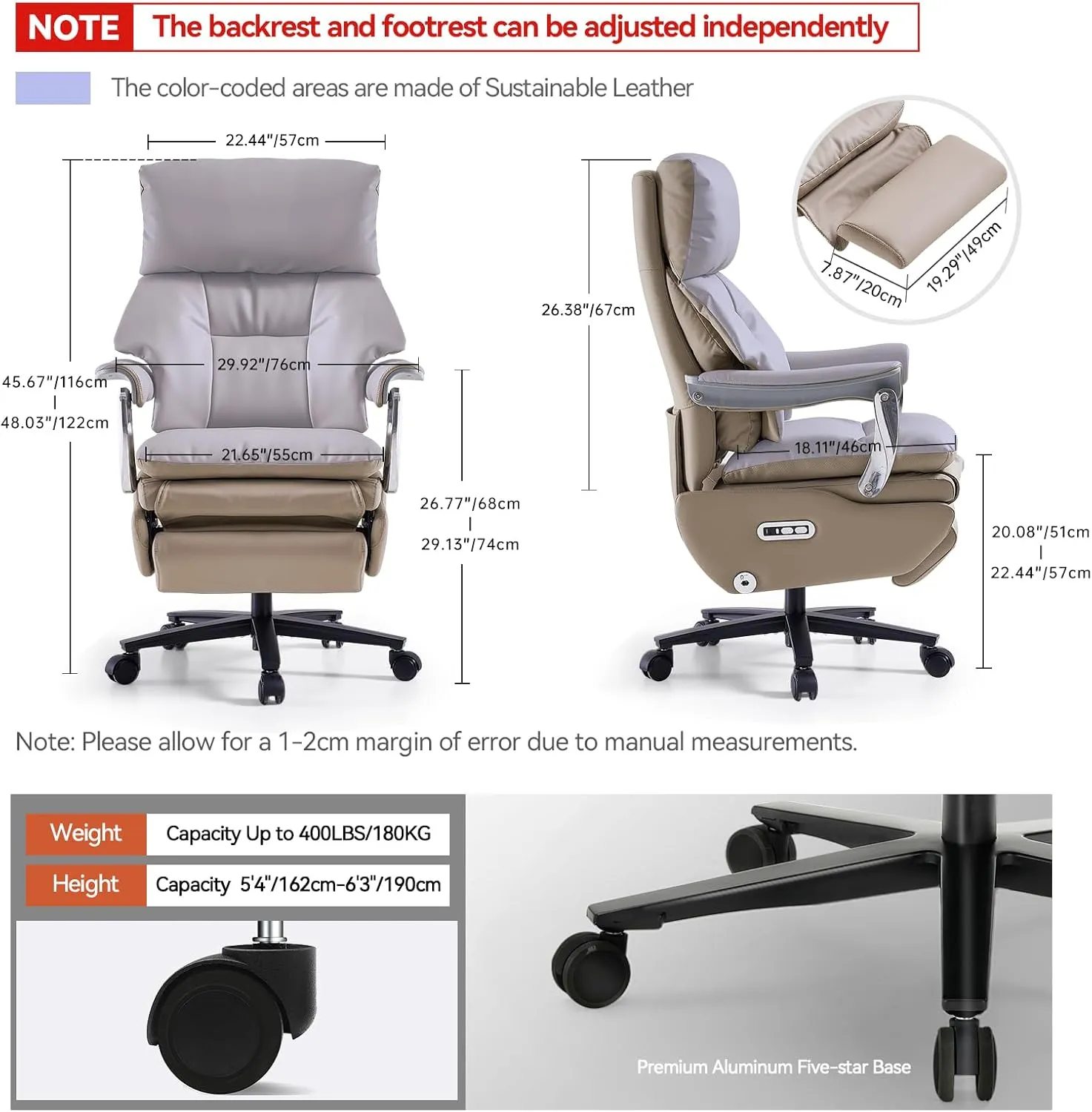 EMIAH Ergonomic Office Chair with Foot Rest Electric Executive Office Chair Reclining with Massage Big and Tall High Back Computer Chair with Wheels, Sustainable Leather (Light Khaki)