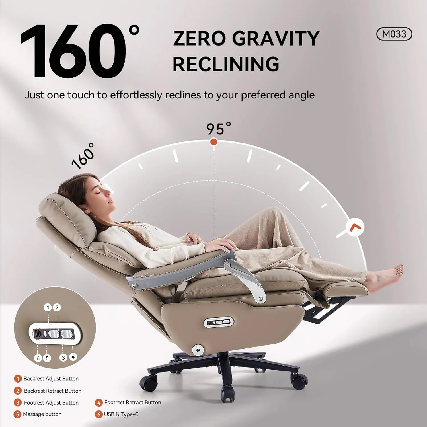 EMIAH Ergonomic Office Chair with Foot Rest Electric Executive Office Chair Reclining with Massage Big and Tall High Back Computer Chair with Wheels, Sustainable Leather (Light Khaki)