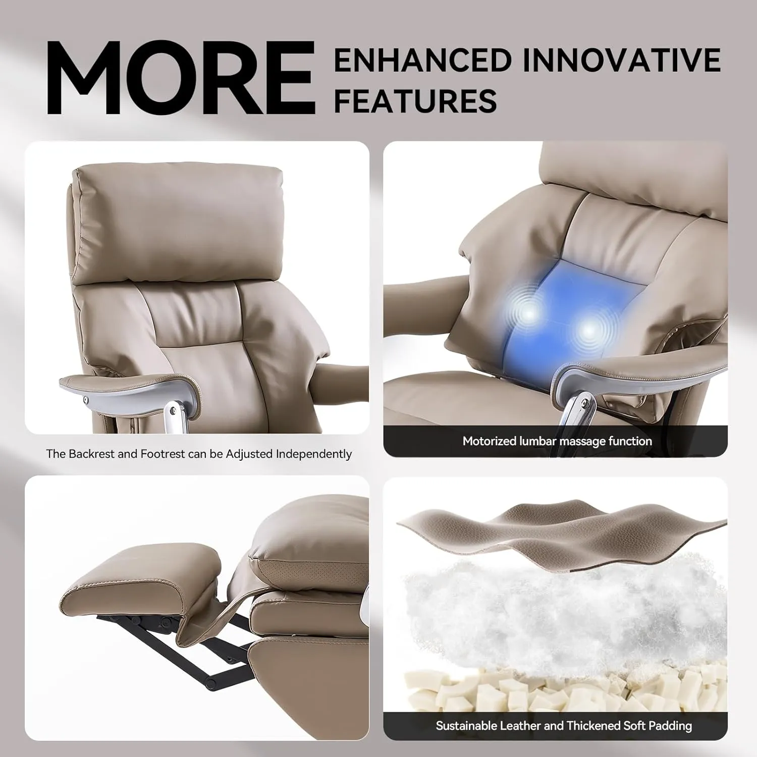 EMIAH Ergonomic Office Chair with Foot Rest Electric Executive Office Chair Reclining with Massage Big and Tall High Back Computer Chair with Wheels, Sustainable Leather (Light Khaki)