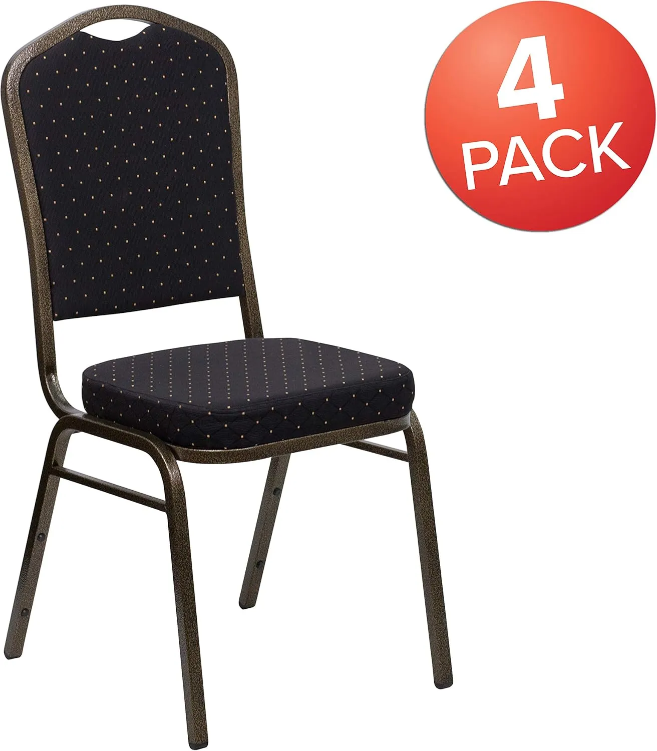 EMMA   OLIVER 4 Pack Crown Back Stacking Banquet Chair in Black Pattern Fabric - Gold Vein Frame