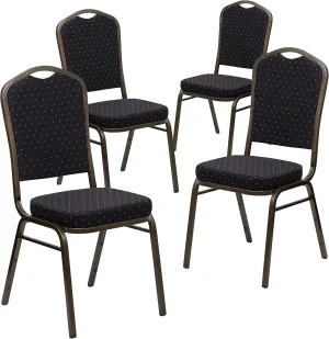 EMMA   OLIVER 4 Pack Crown Back Stacking Banquet Chair in Black Pattern Fabric - Gold Vein Frame