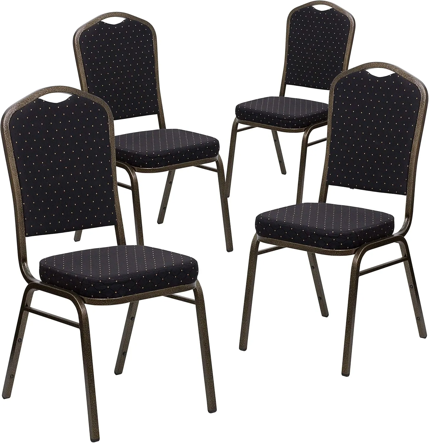 EMMA   OLIVER 4 Pack Crown Back Stacking Banquet Chair in Black Pattern Fabric - Gold Vein Frame