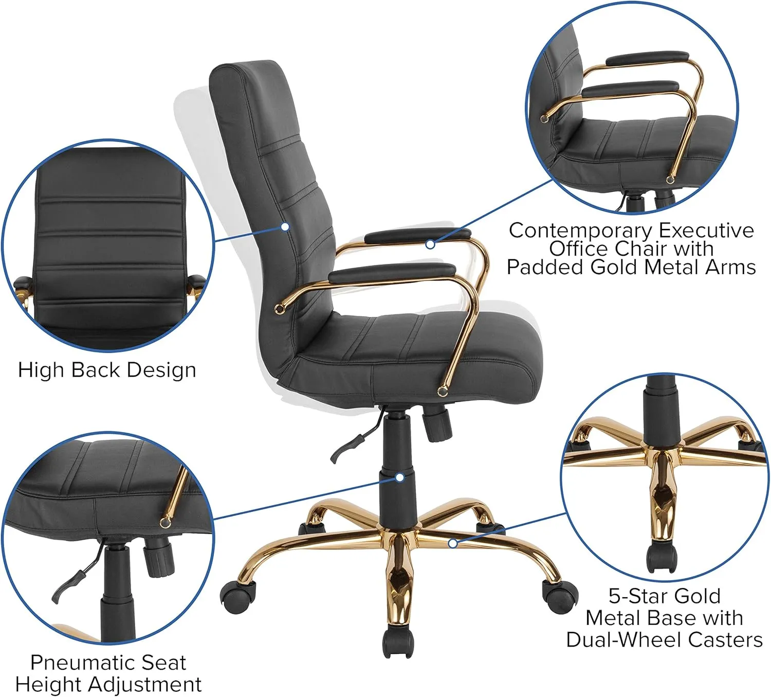 EMMA   OLIVER High Back Black LeatherSoft Executive Swivel Office Chair with Gold Frame/Arms