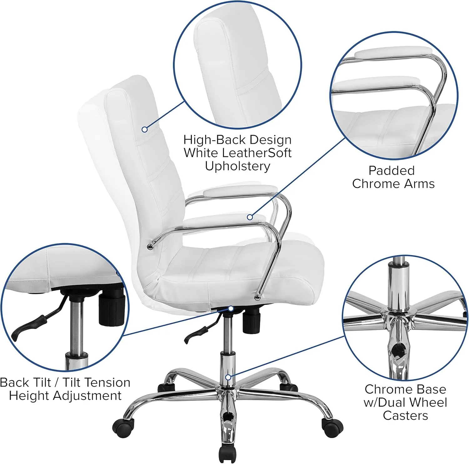 EMMA   OLIVER High Back White LeatherSoft Executive Swivel Office Chair with Chrome Frame/Arms