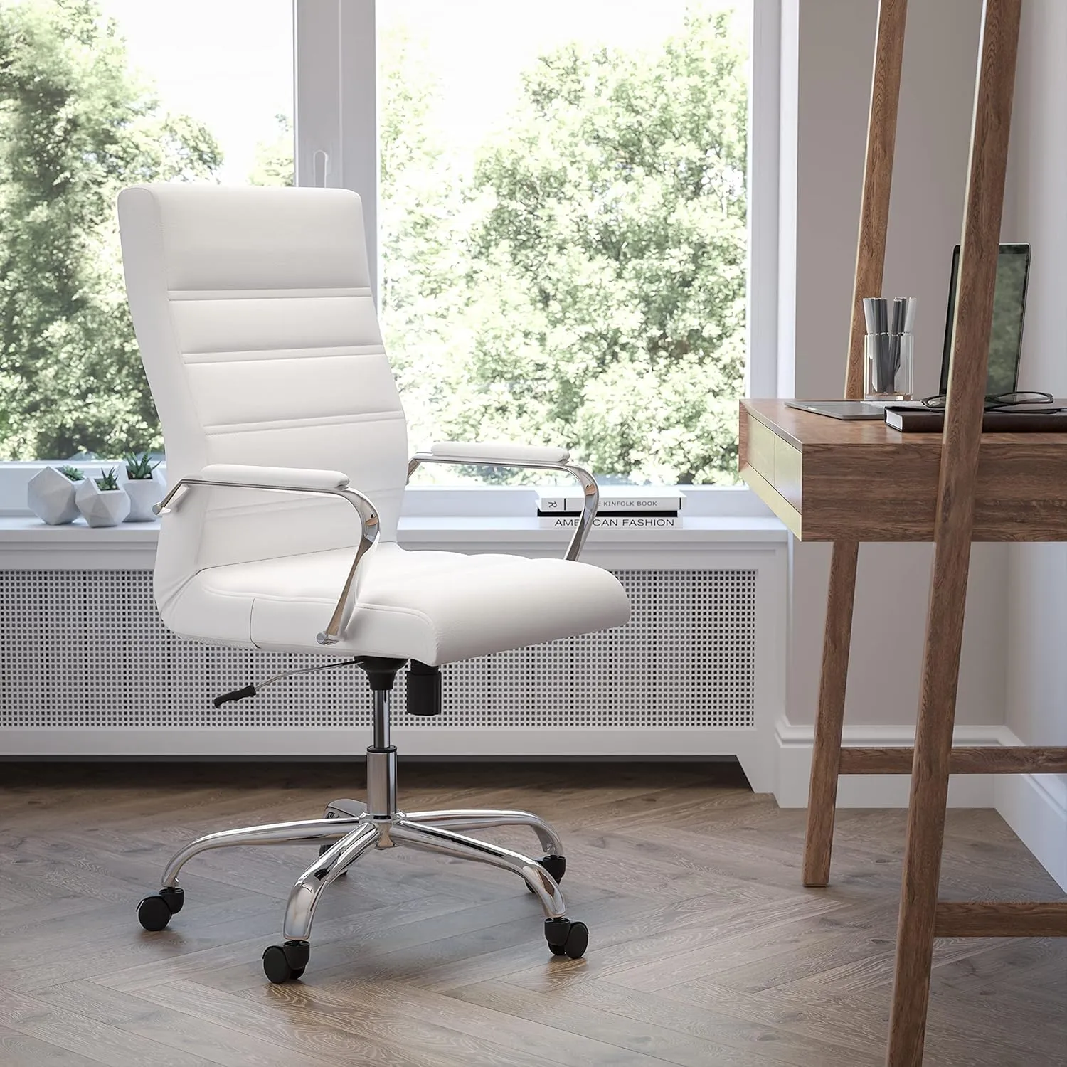 EMMA   OLIVER High Back White LeatherSoft Executive Swivel Office Chair with Chrome Frame/Arms