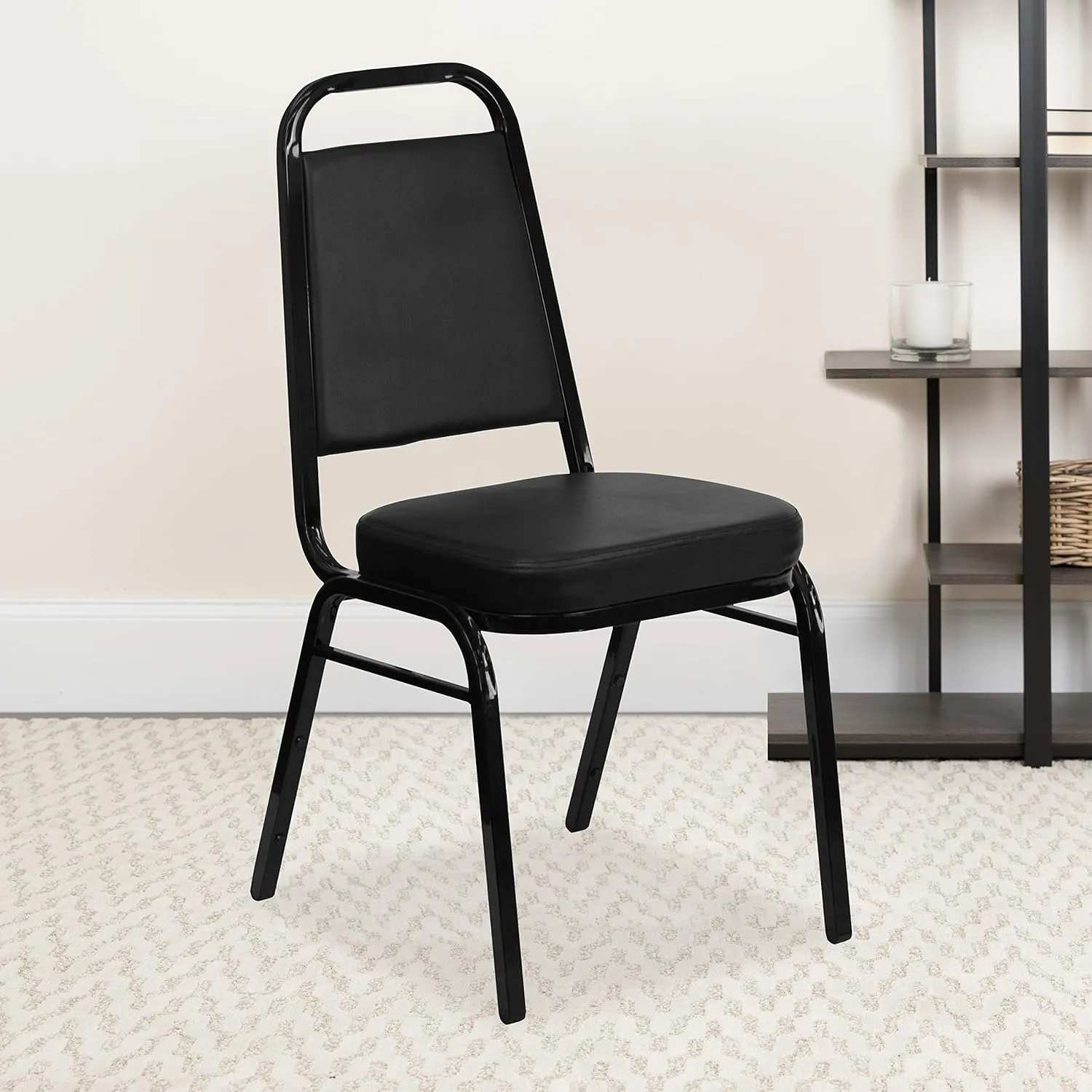 EMMA   OLIVER Trapezoid Back Banquet Chair, Black Vinyl/Black Frame 2.5" Seat