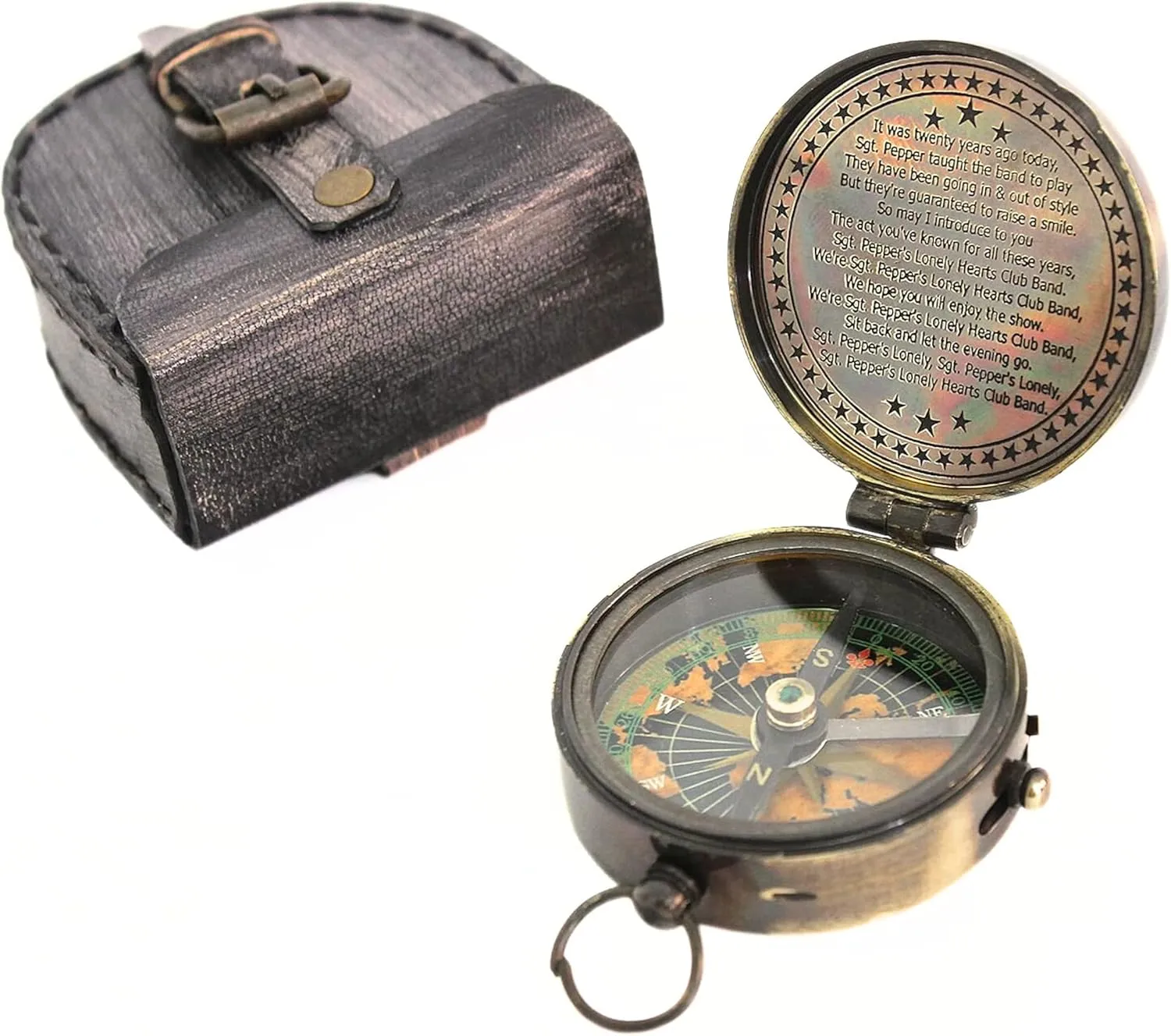 Engraved Brass Pocket Compass Vintage Beatles Tribute Design Antique Finish Nautical Gift for Graduation Baptism Music Lover Collectible Keepsake