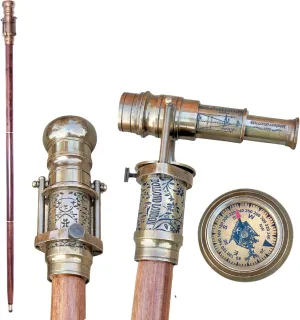 Engraved Brass Walking Stick with Telescope & Direction Compass On Top Spyglass Cane, 1920 Dollond London Victorian Cane, Decorative Brass Handle, Beautiful Foldable Wooden Walking Stick