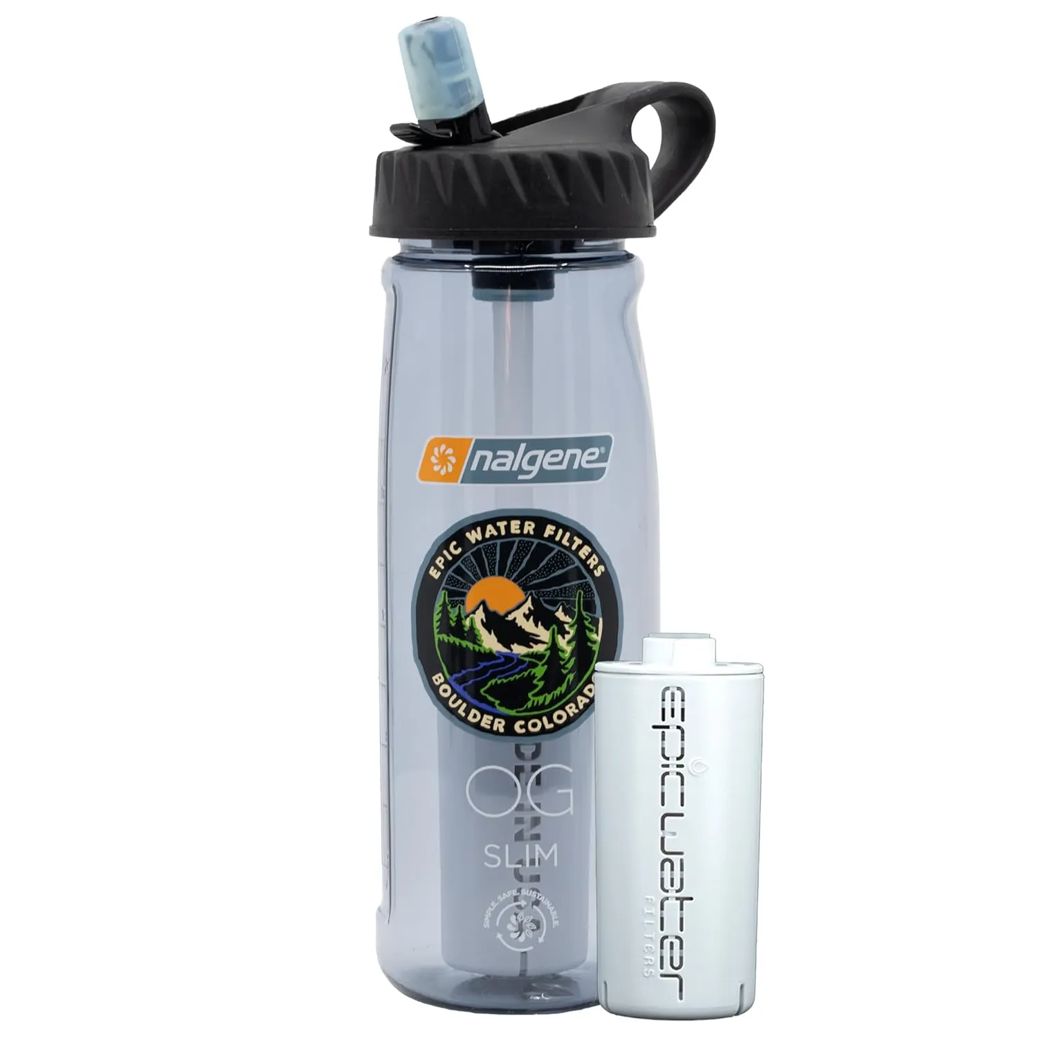 Epic Water Filters Nalgene OG Water Bottle with Filter, USA Made, BPA Free, Removes 99.99% Tap Water Contaminants, Forever Chemicals, Smoke Grey, 32 oz