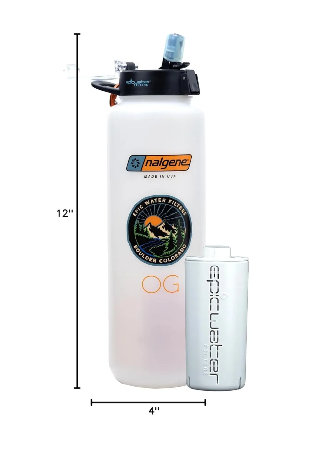 Epic Water Filters Nalgene OG Water Bottle with Filter, USA Made, BPA Free, Removes 99.99% Tap Water Contaminants, Forever Chemicals, White LDPE, 48 oz