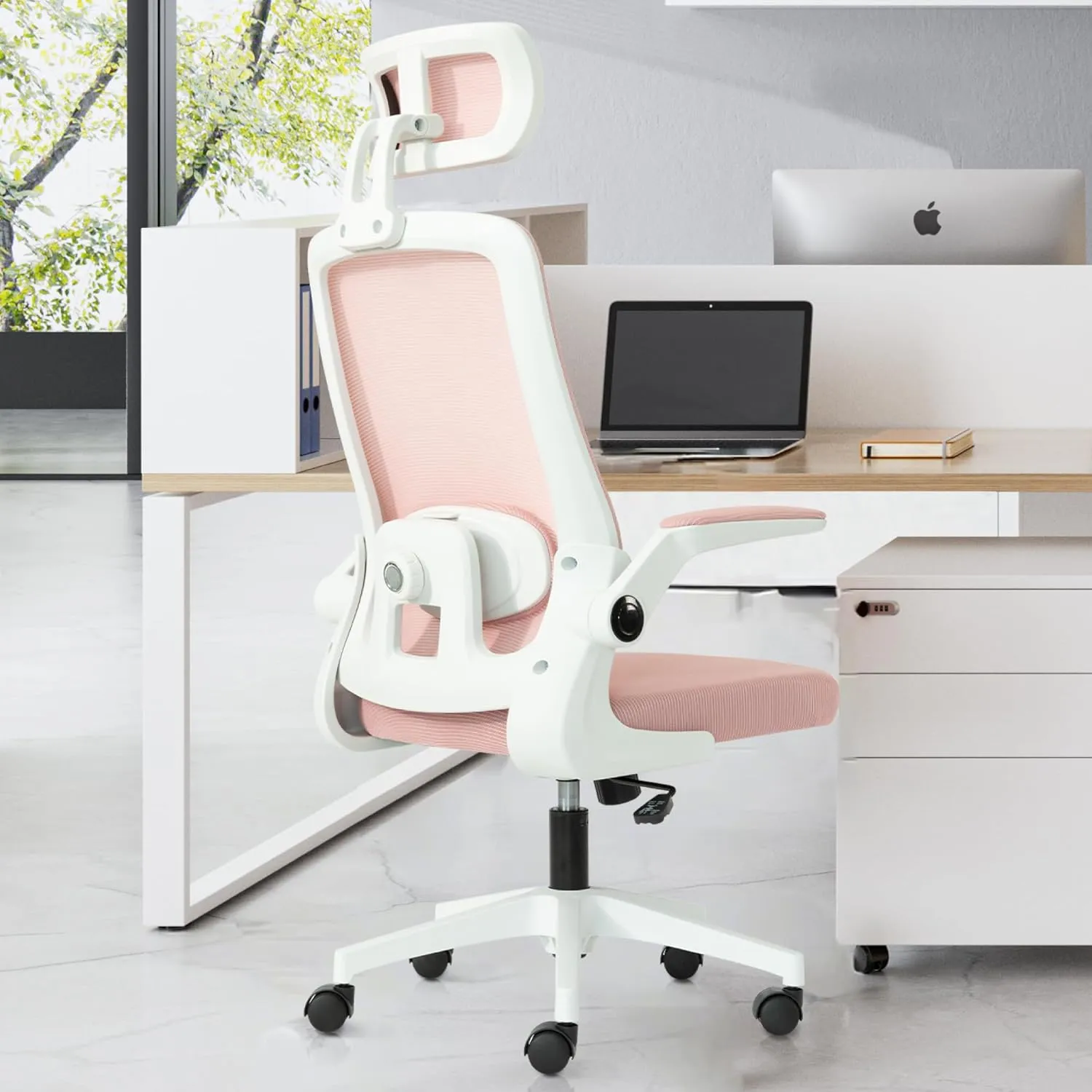 Ergonomic Home Office Chair with Adjustable Lumbar Support Adjustable Headrest,Comfy High Back, Breathable Mesh Computer Gaming Chair with Flip-Up Armrests (Pink)