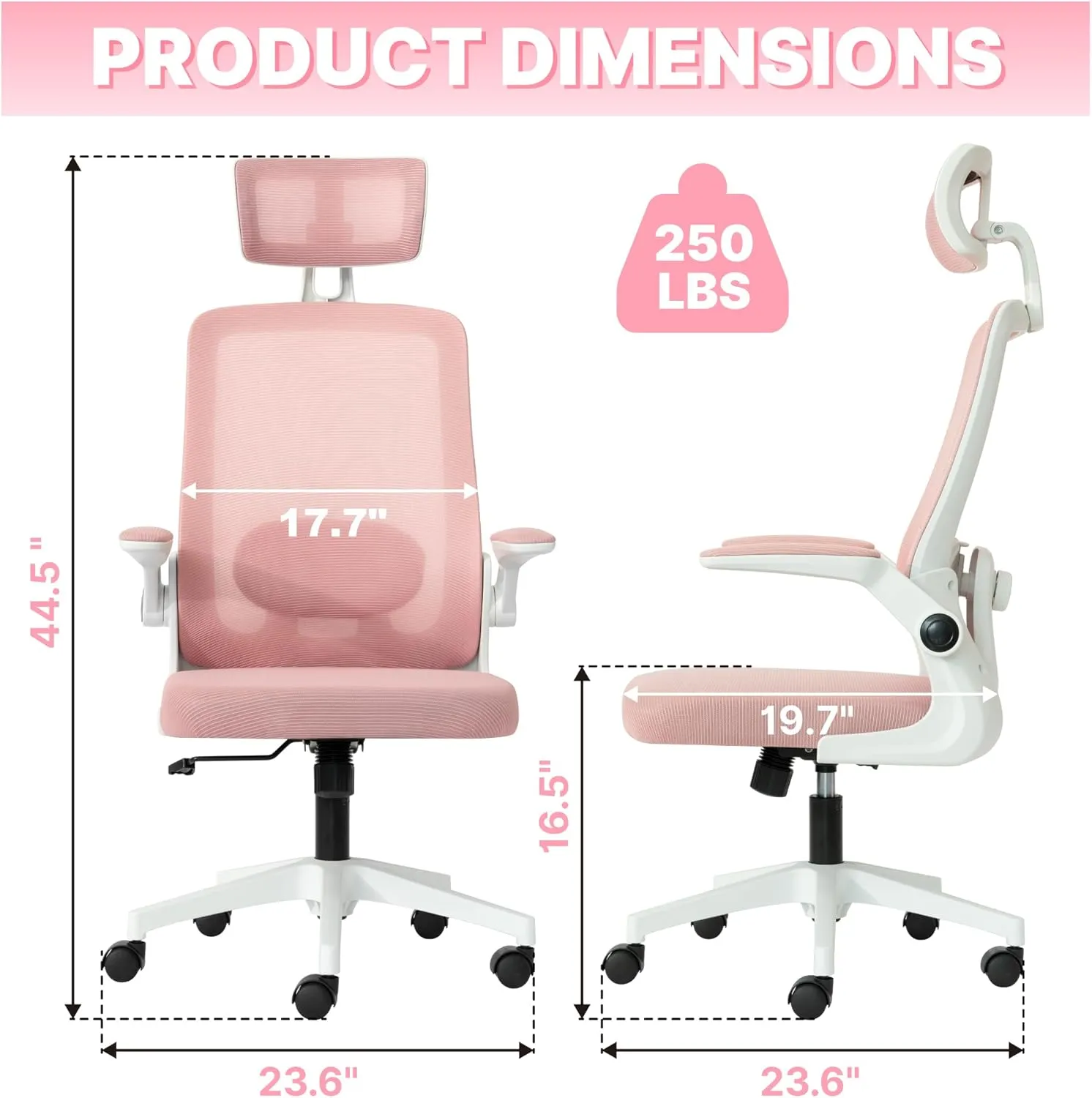 Ergonomic Home Office Chair with Adjustable Lumbar Support Adjustable Headrest,Comfy High Back, Breathable Mesh Computer Gaming Chair with Flip-Up Armrests (Pink)