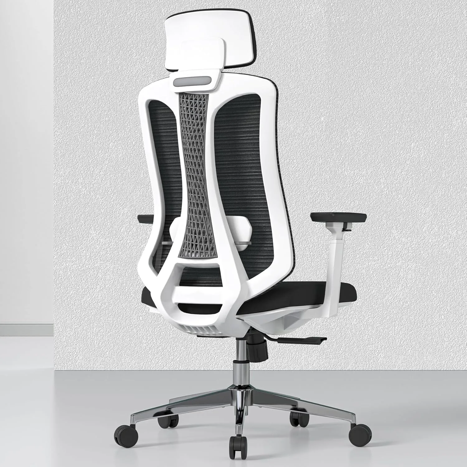 Ergonomic Mesh Office Chair, Computer Desk Chair with 3D Armrests, Adjustable Lumbar Cushion and Adjustable Headrest, White High Back Home Office Chair with Tilt Function, Computer Chair