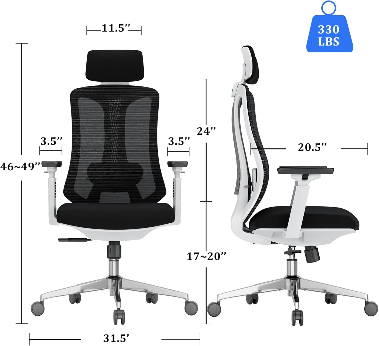 Ergonomic Mesh Office Chair, Computer Desk Chair with 3D Armrests, Adjustable Lumbar Cushion and Adjustable Headrest, White High Back Home Office Chair with Tilt Function, Computer Chair