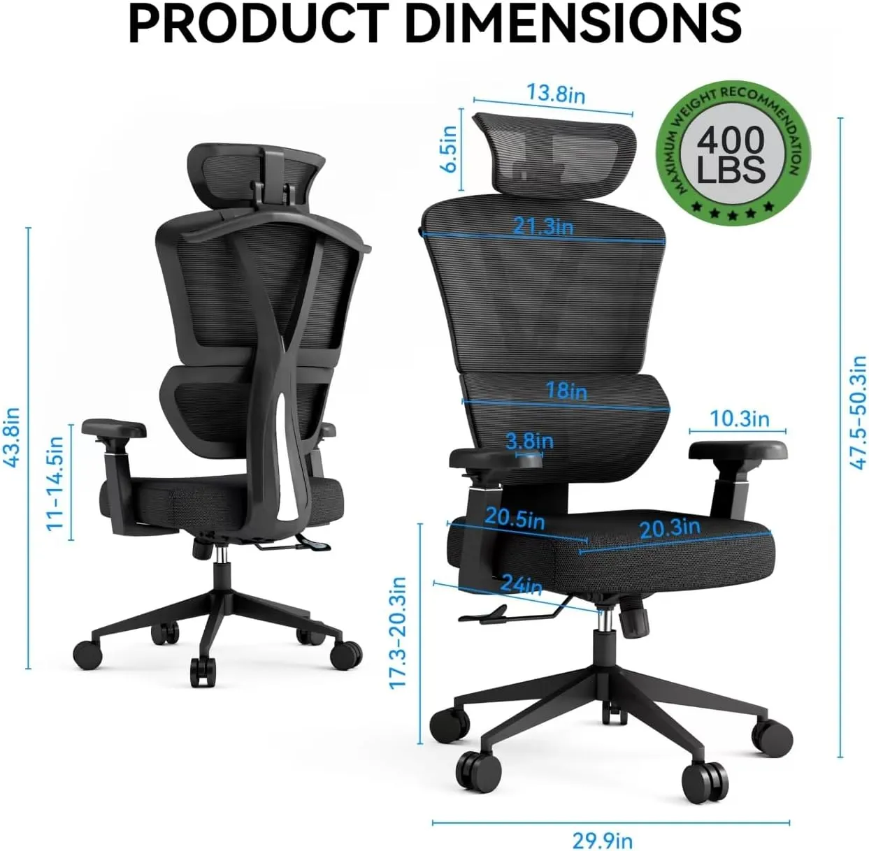 Ergonomic Office Chair - 400 lbs Capacity High-Back Mesh Computer Chair with Lumbar Support, Adjustable Headrest | Home and Gaming Desk Chair
