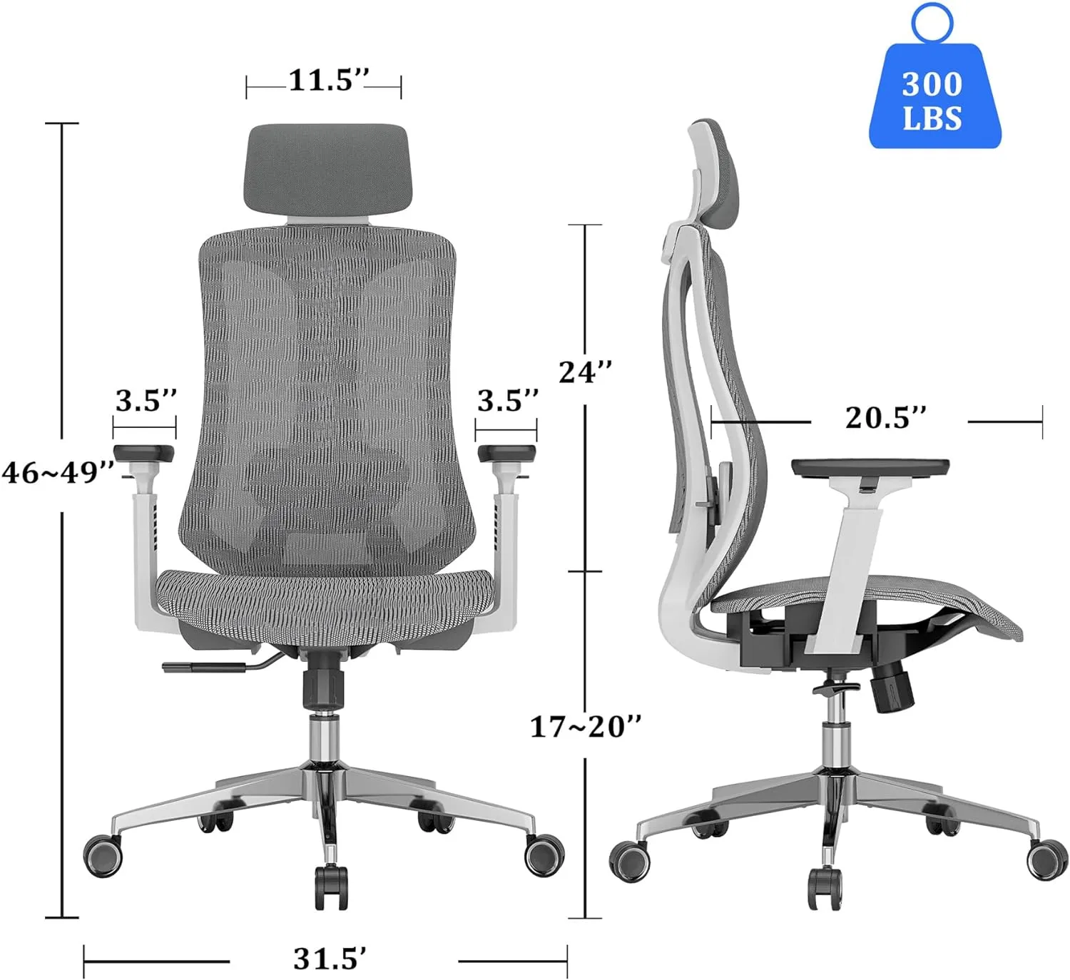 Ergonomic Office Chair, High Back Mesh Desk Chair - Adjustable Lumbar Support & 3D Armrests, Swivel Computer Chair with Headrest, Tilt Lock & PU Wheels for Home Office, Long Hours Work