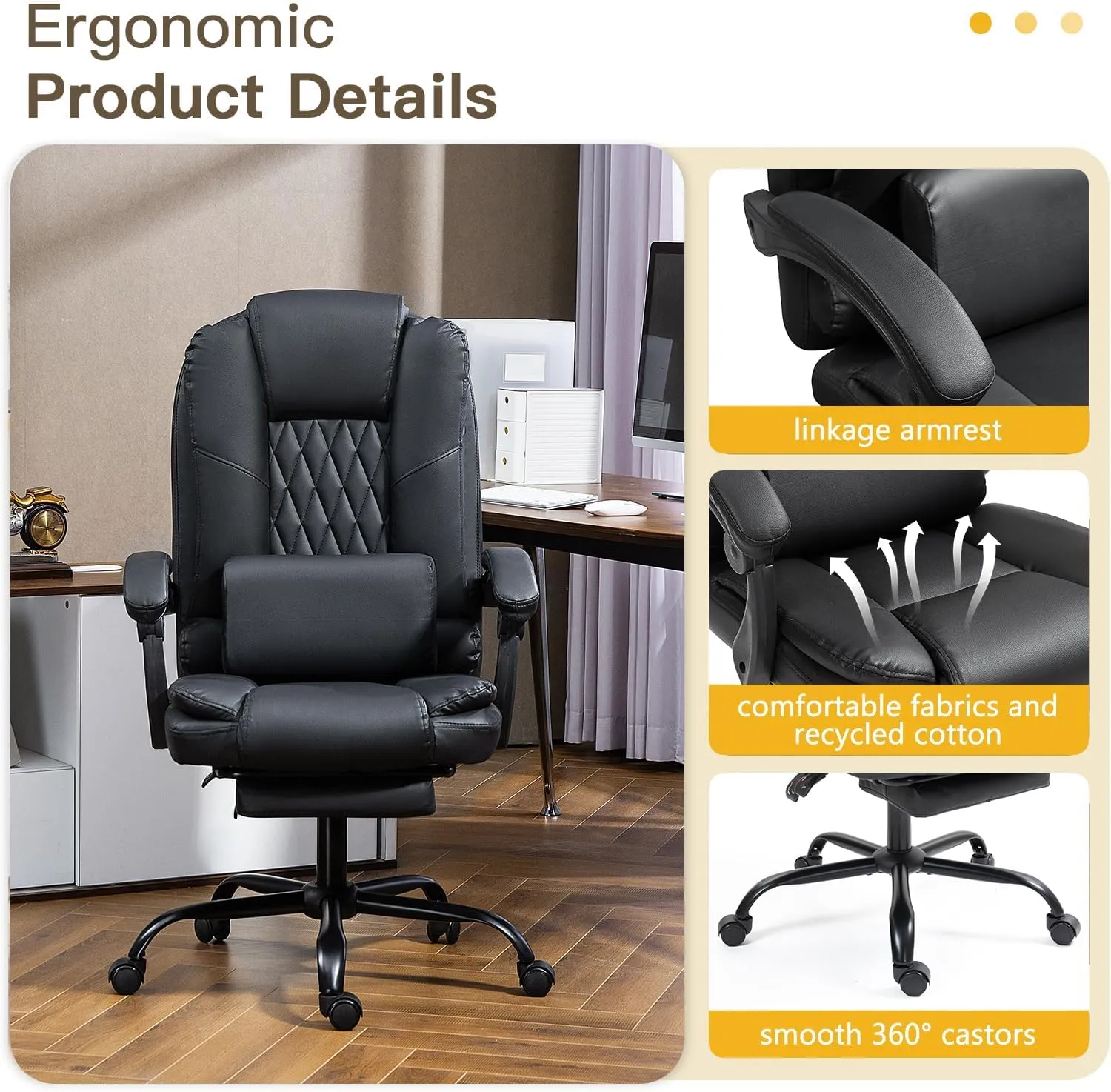 Ergonomic Office Chair with 2-Point Massage & Footrest High Back Executive Desk Chair with Lumbar Support, Reclining PU Leather Computer Chair for Home & Office, Black
