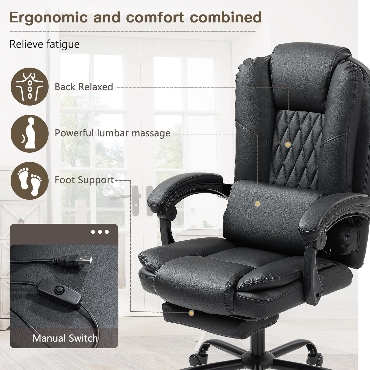Ergonomic Office Chair with 2-Point Massage & Footrest High Back Executive Desk Chair with Lumbar Support, Reclining PU Leather Computer Chair for Home & Office, Black