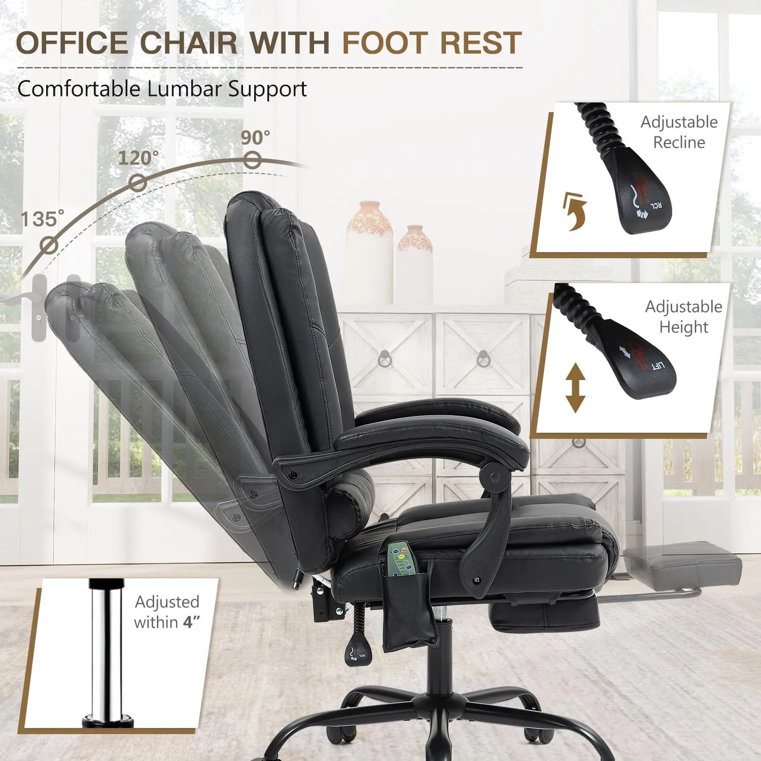 Ergonomic Office Chair with 2-Point Massage & Footrest High Back Executive Desk Chair with Lumbar Support, Reclining PU Leather Computer Chair for Home & Office, Black