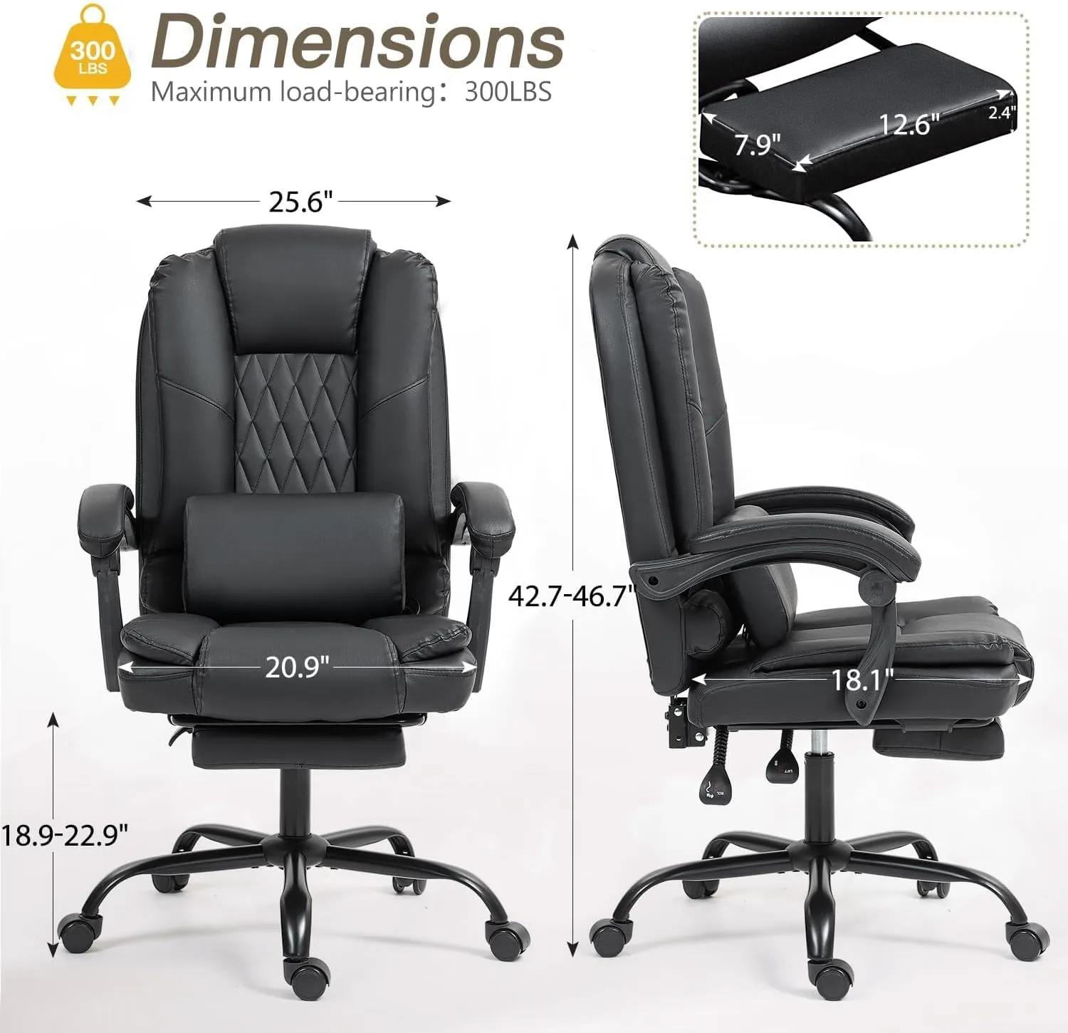 Ergonomic Office Chair with 2-Point Massage & Footrest High Back Executive Desk Chair with Lumbar Support, Reclining PU Leather Computer Chair for Home & Office, Black