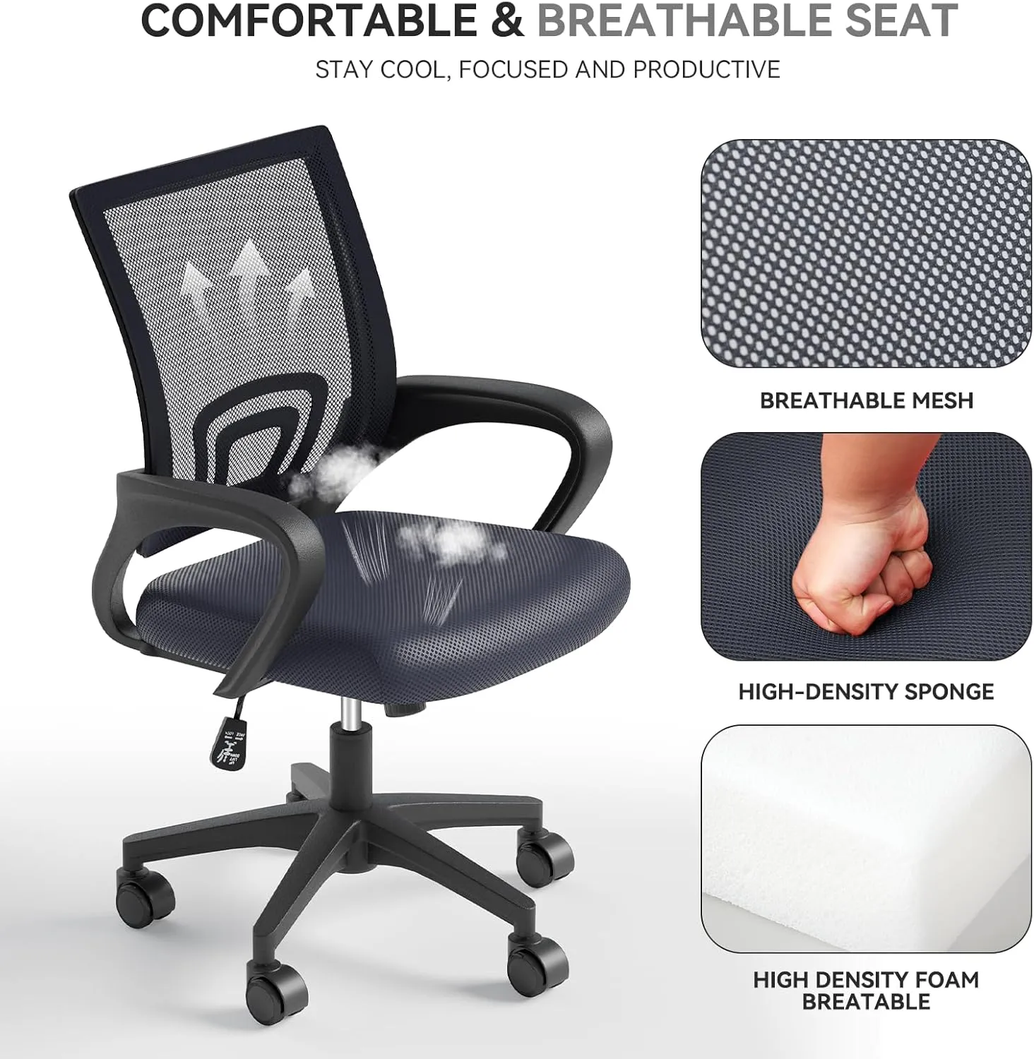 Ergonomic Office Chair with Lumbar Support, Adjustable Height Swivel Mesh Computer Desk Chair with Rolling Wheels for Home, Office and Gaming, Gray