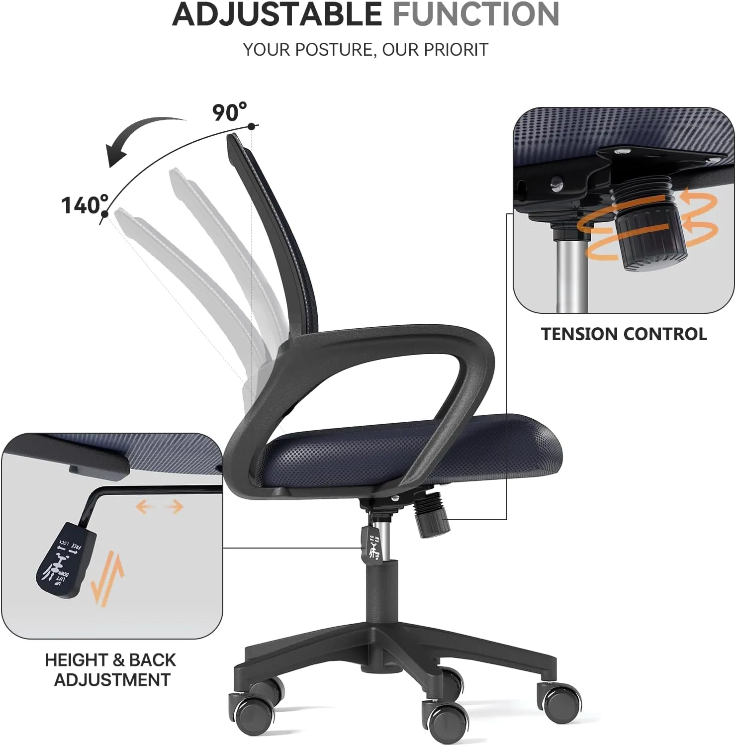 Ergonomic Office Chair with Lumbar Support, Adjustable Height Swivel Mesh Computer Desk Chair with Rolling Wheels for Home, Office and Gaming, Gray