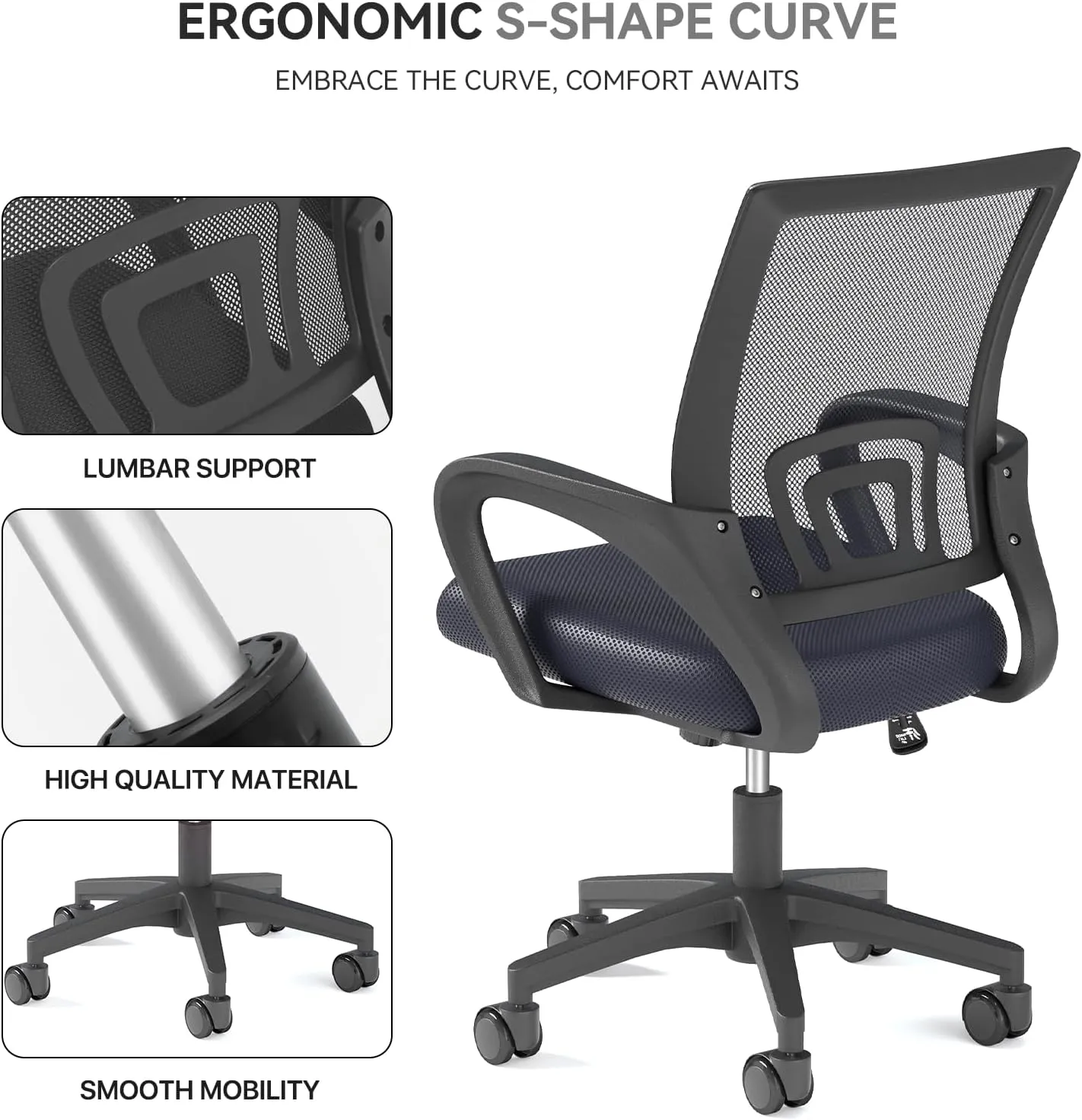 Ergonomic Office Chair with Lumbar Support, Adjustable Height Swivel Mesh Computer Desk Chair with Rolling Wheels for Home, Office and Gaming, Gray