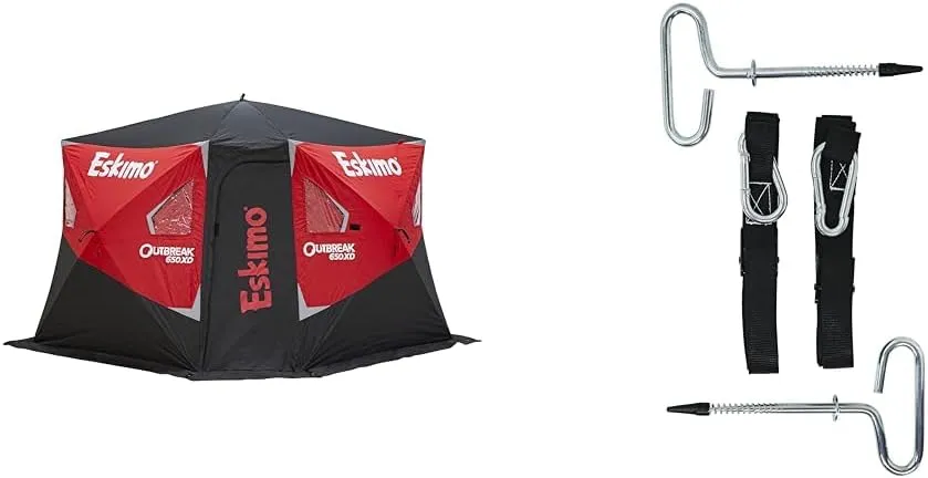 Eskimo Outbreak 650XD Pop-up Portable Insulated Ice Fishing Shelter, 94 sq ft. Fishable Area, 5-7 Person, Red/Black, 143" x 135" & 24260 Deluxe Shelter Tie Down Kit