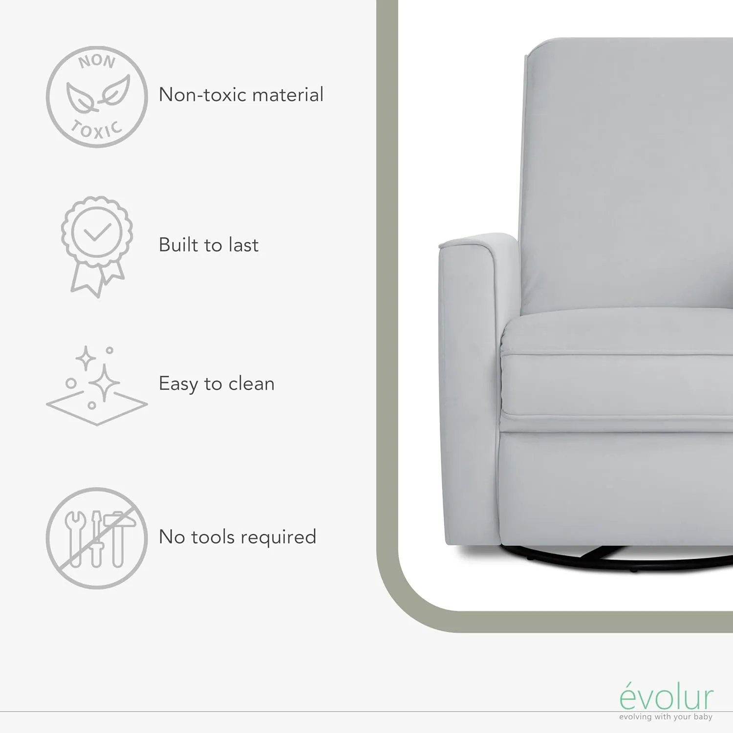 Evolur Harlow Deluxe Upholstered Plush Seating Glide Rocker, Swivel, Power Recliner with USB Port, Greenguard Gold Certified, Glider Chair for Nursery in Misty Grey