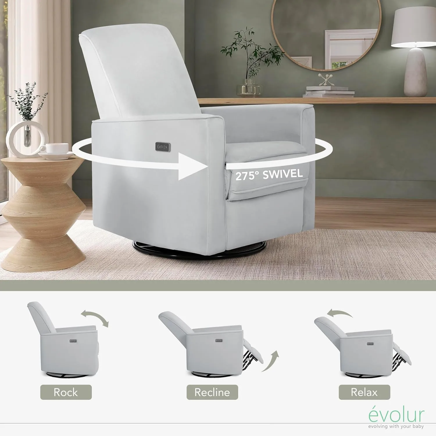 Evolur Harlow Deluxe Upholstered Plush Seating Glide Rocker, Swivel, Power Recliner with USB Port, Greenguard Gold Certified, Glider Chair for Nursery in Misty Grey