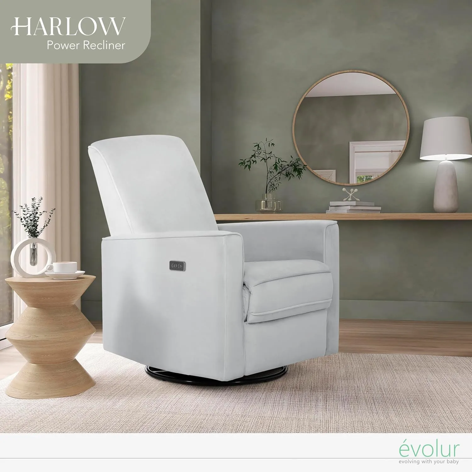 Evolur Harlow Deluxe Upholstered Plush Seating Glide Rocker, Swivel, Power Recliner with USB Port, Greenguard Gold Certified, Glider Chair for Nursery in Misty Grey