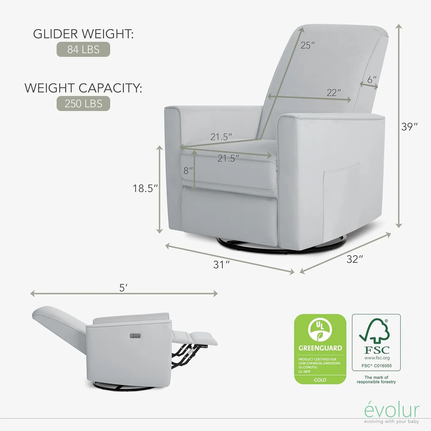 Evolur Harlow Deluxe Upholstered Plush Seating Glide Rocker, Swivel, Power Recliner with USB Port, Greenguard Gold Certified, Glider Chair for Nursery in Misty Grey
