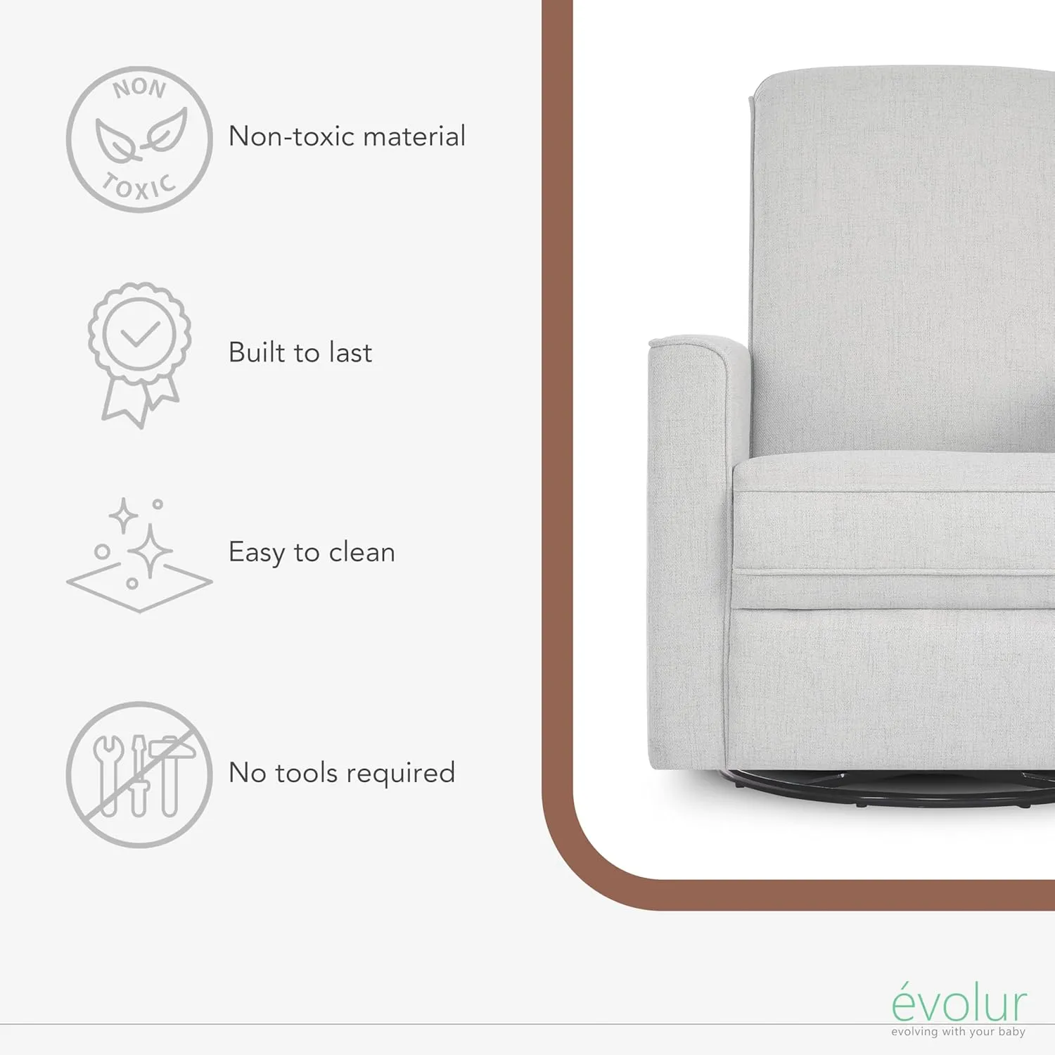 Evolur Harlow Deluxe Upholstered Plush Seating Glider Swivel, Power Recliner with USB Port, Greenguard Gold Certified, Glider Chair for Nursery in Fog Grey