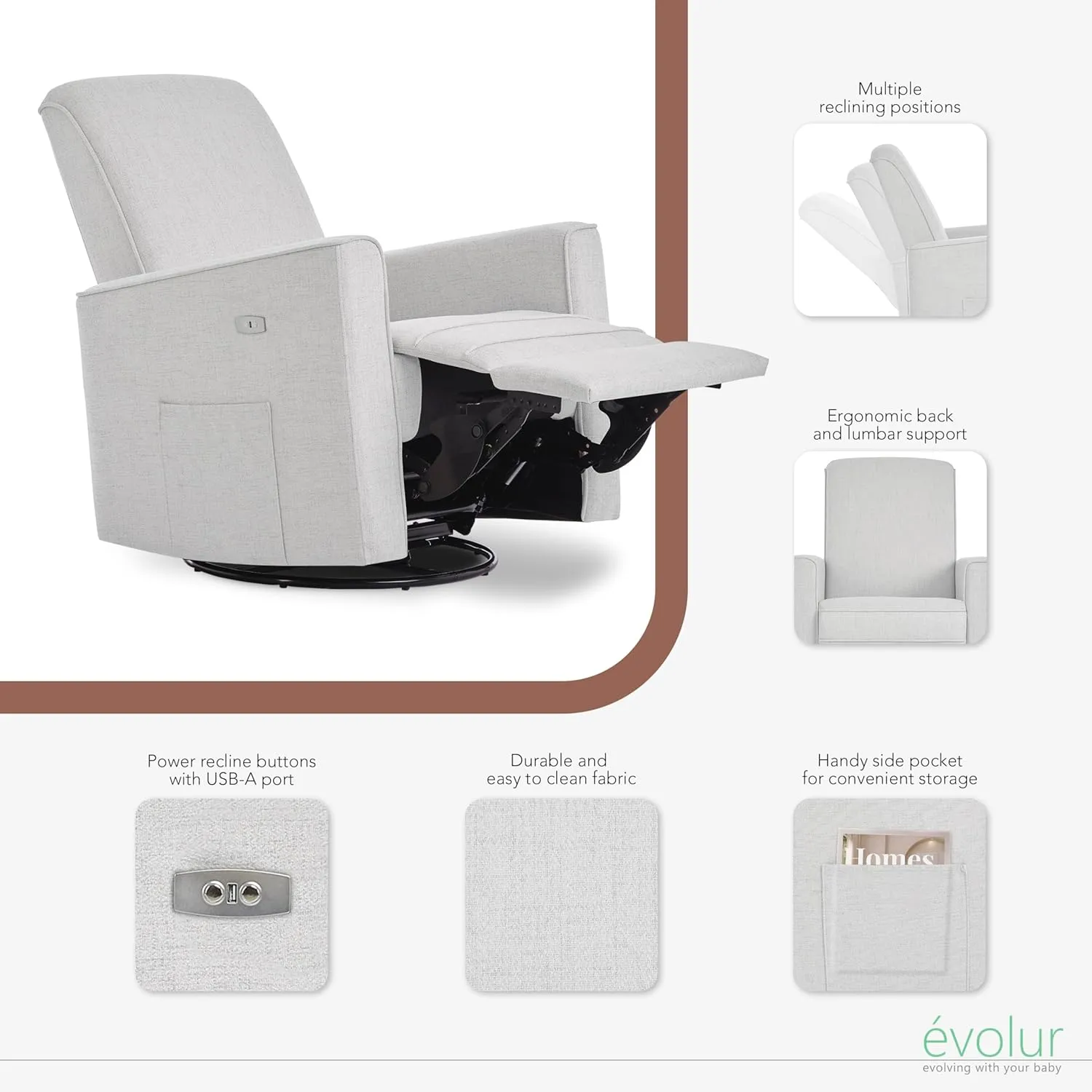 Evolur Harlow Deluxe Upholstered Plush Seating Glider Swivel, Power Recliner with USB Port, Greenguard Gold Certified, Glider Chair for Nursery in Fog Grey