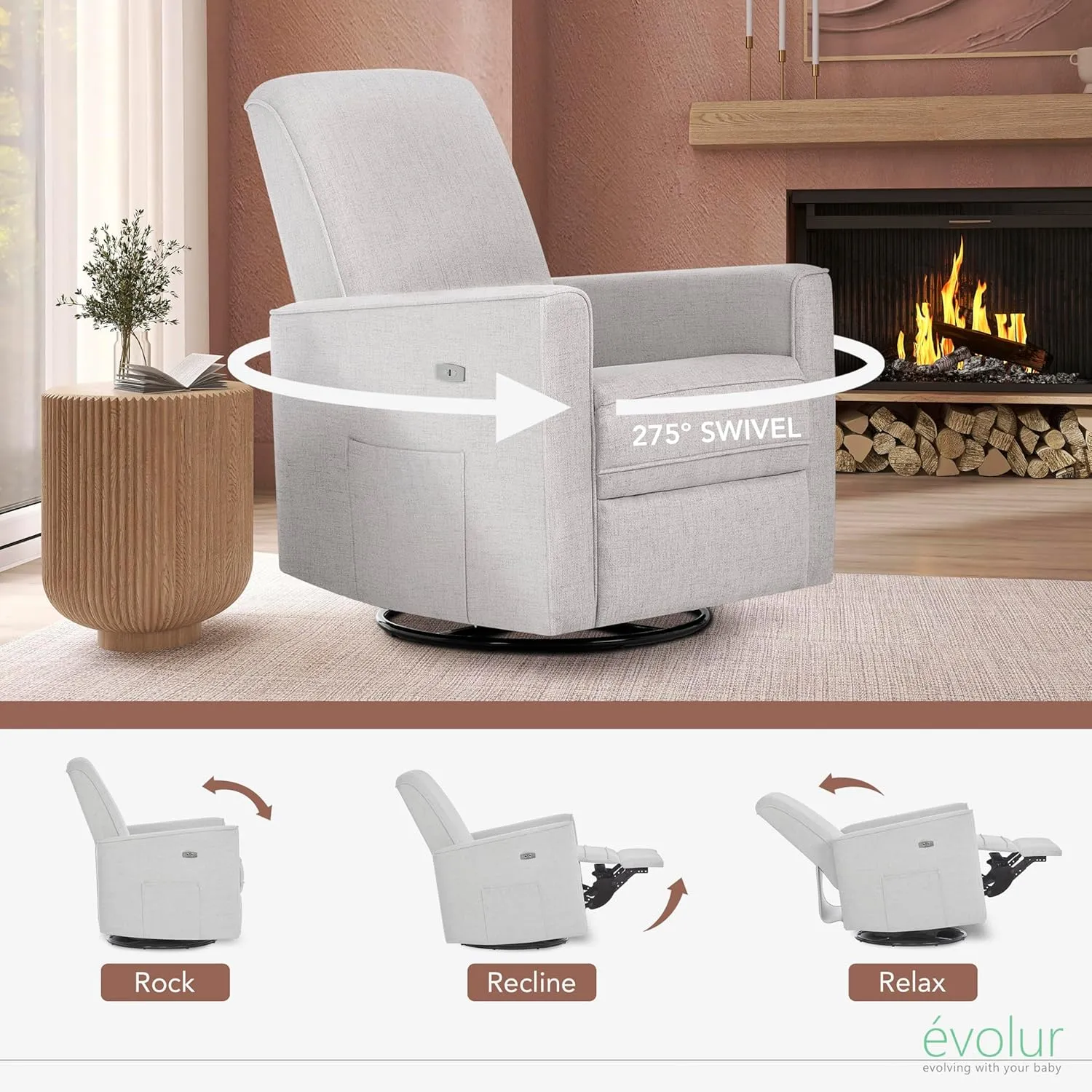 Evolur Harlow Deluxe Upholstered Plush Seating Glider Swivel, Power Recliner with USB Port, Greenguard Gold Certified, Glider Chair for Nursery in Fog Grey