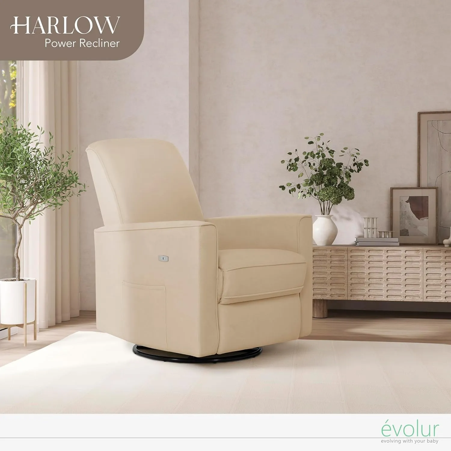 Evolur Harlow Deluxe Upholstered Plush Seating Glider Swivel, Power Recliner with USB Port, Greenguard Gold Certified, Glider Chair for Nursery in Tan