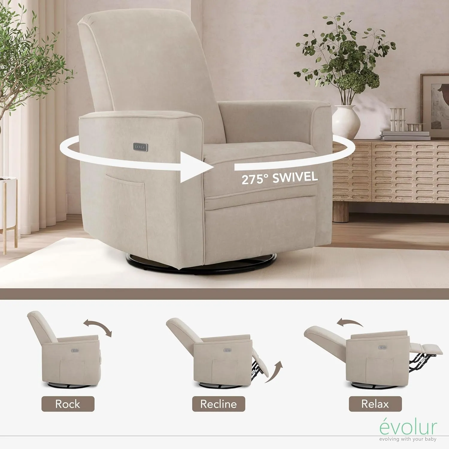 Evolur Harlow Deluxe Upholstered Plush Seating Glider Swivel, Power Recliner with USB Port, Greenguard Gold Certified, Glider Chair for Nursery in Tan