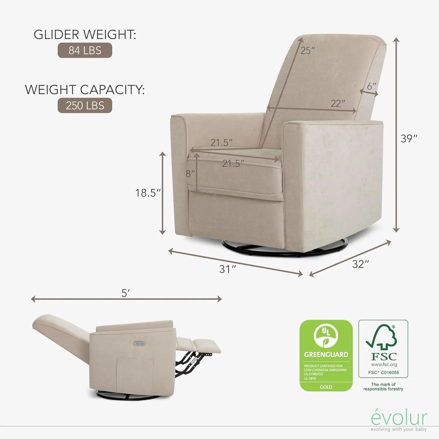 Evolur Harlow Deluxe Upholstered Plush Seating Glider Swivel, Power Recliner with USB Port, Greenguard Gold Certified, Glider Chair for Nursery in Tan