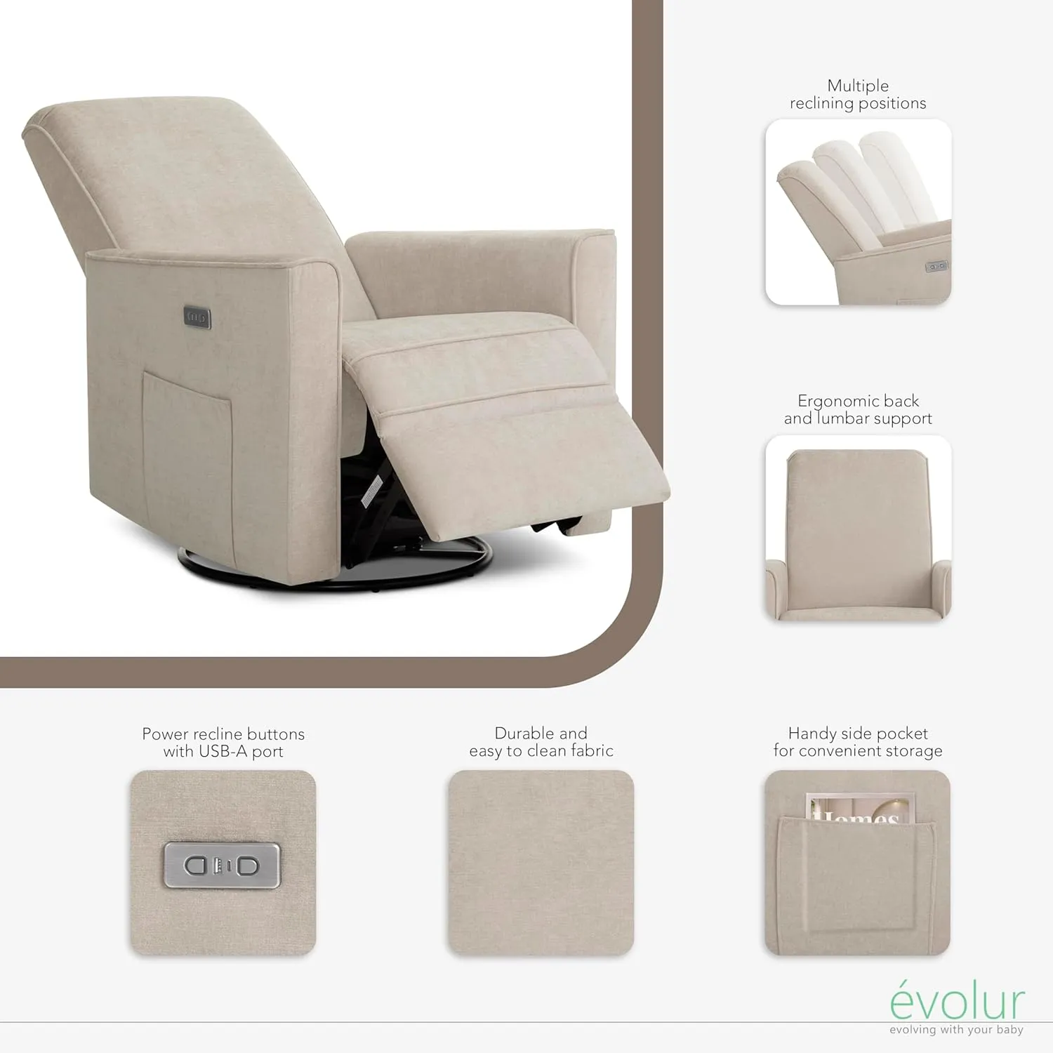 Evolur Harlow Deluxe Upholstered Plush Seating Glider Swivel, Power Recliner with USB Port, Greenguard Gold Certified, Glider Chair for Nursery in Tan