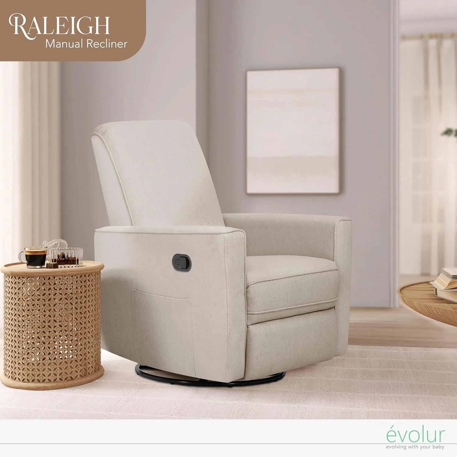 Evolur Raleigh Glider in Light Sand, Upholstered Plush Seating 360° Swivel Glider Rocking Chair, FSC Certified, Greenguard Gold & JPMA Certified Nursery Glider Recliner
