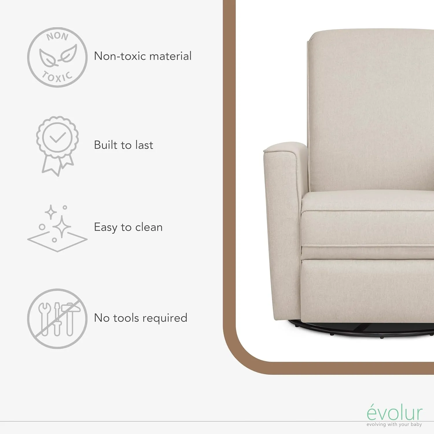 Evolur Raleigh Glider in Light Sand, Upholstered Plush Seating 360° Swivel Glider Rocking Chair, FSC Certified, Greenguard Gold & JPMA Certified Nursery Glider Recliner