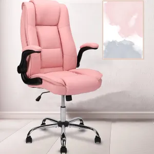 Executive Office Chair with Flip-up Arms, High Back Leather Office Desk Chairs with Wheels, 90°-120° Rocking Ergonomic Lumbar Support Chair, Swivel Home Computer Chair for Women,Pink