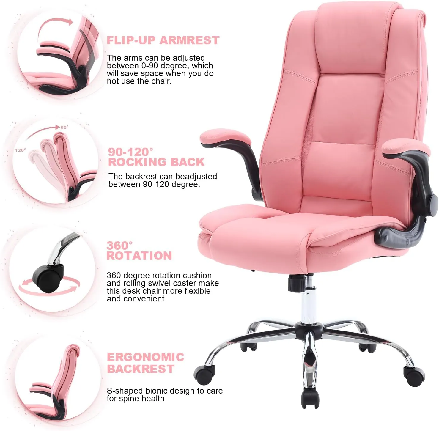 Executive Office Chair with Flip-up Arms, High Back Leather Office Desk Chairs with Wheels, 90°-120° Rocking Ergonomic Lumbar Support Chair, Swivel Home Computer Chair for Women,Pink