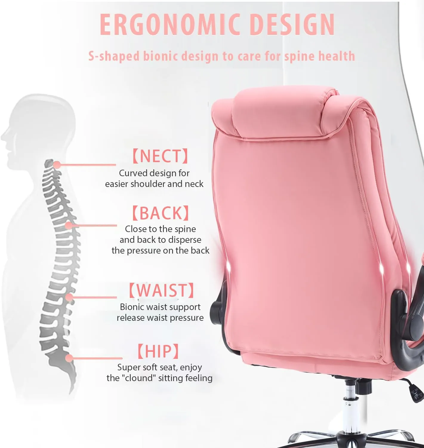 Executive Office Chair with Flip-up Arms, High Back Leather Office Desk Chairs with Wheels, 90°-120° Rocking Ergonomic Lumbar Support Chair, Swivel Home Computer Chair for Women,Pink