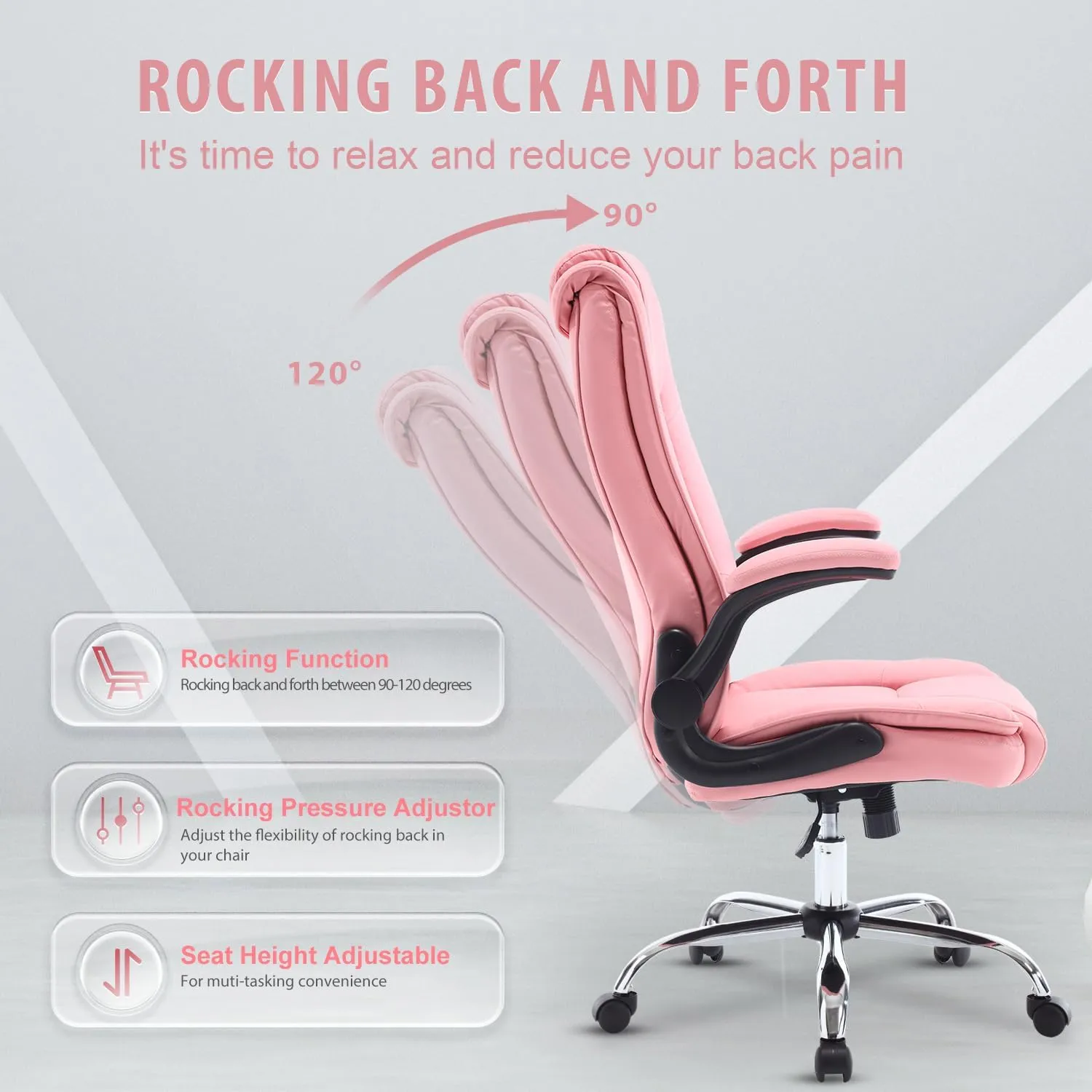 Executive Office Chair with Flip-up Arms, High Back Leather Office Desk Chairs with Wheels, 90°-120° Rocking Ergonomic Lumbar Support Chair, Swivel Home Computer Chair for Women,Pink