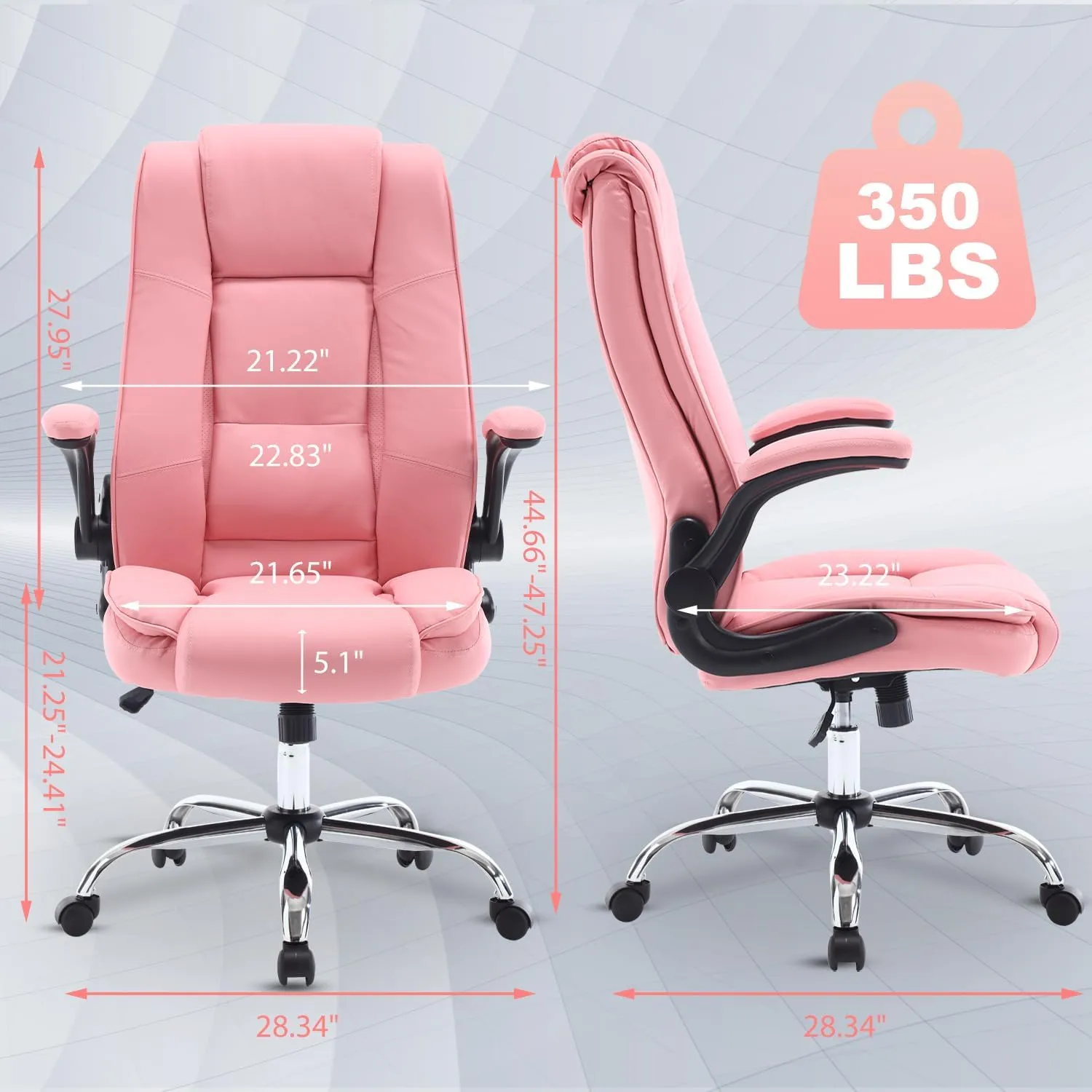Executive Office Chair with Flip-up Arms, High Back Leather Office Desk Chairs with Wheels, 90°-120° Rocking Ergonomic Lumbar Support Chair, Swivel Home Computer Chair for Women,Pink