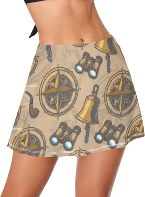 Exnundod Women's Swim Skirt Retro Compass and Binoculars Bikini Bottom with Pocket High Waist Bathing Suit XS-XL