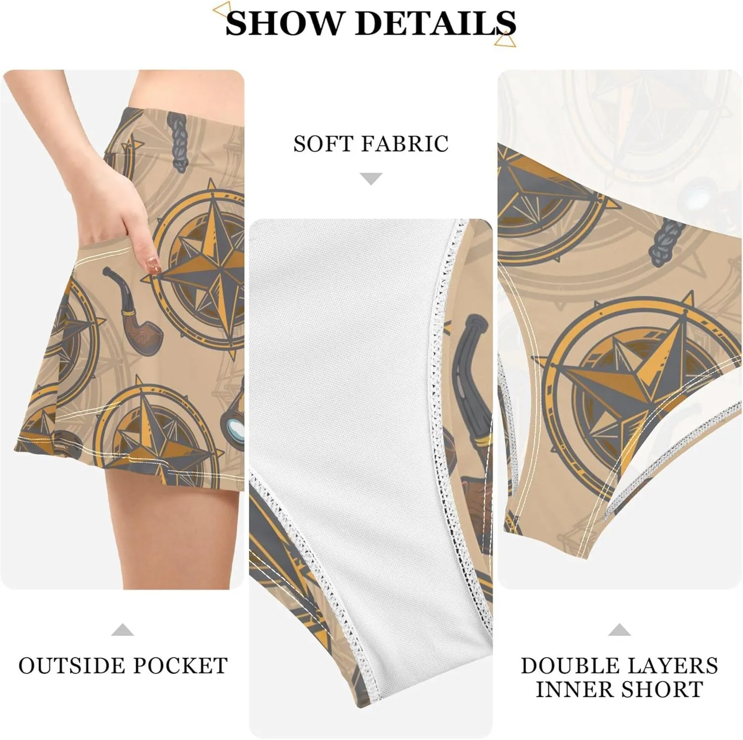 Exnundod Women's Swim Skirt Retro Compass and Binoculars Bikini Bottom with Pocket High Waist Bathing Suit XS-XL